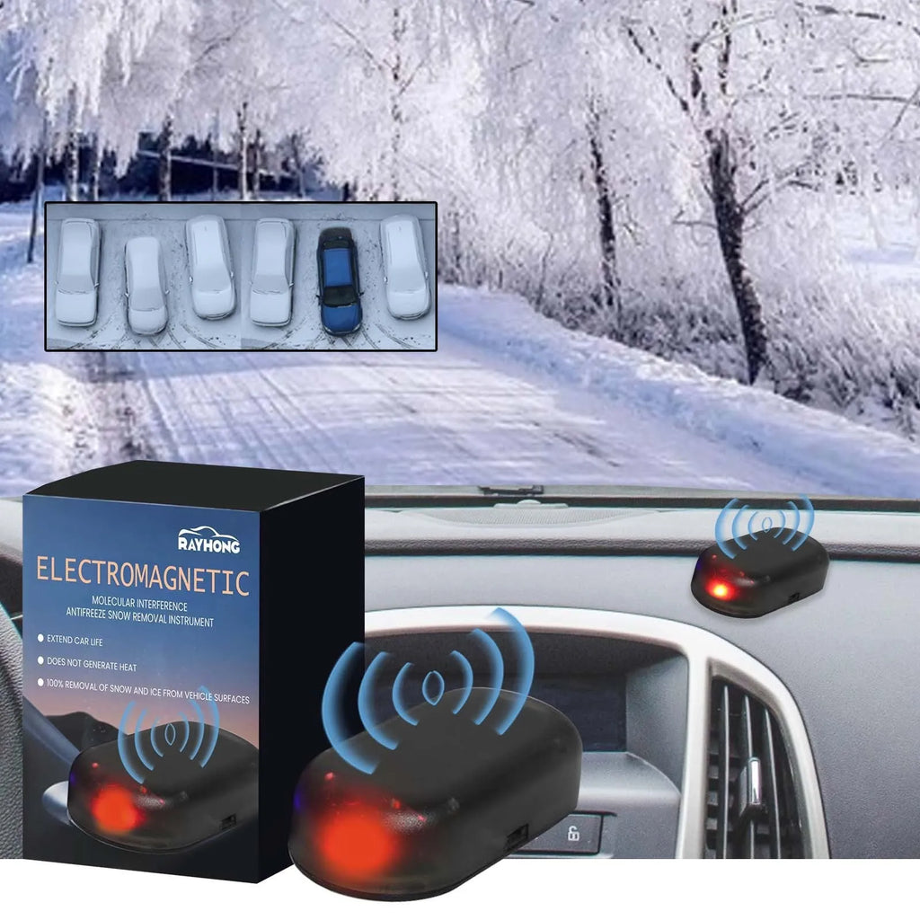 Black car snow deicer tool measuring 5cm by 2.6cm by 1.5cm on a car dashboard.