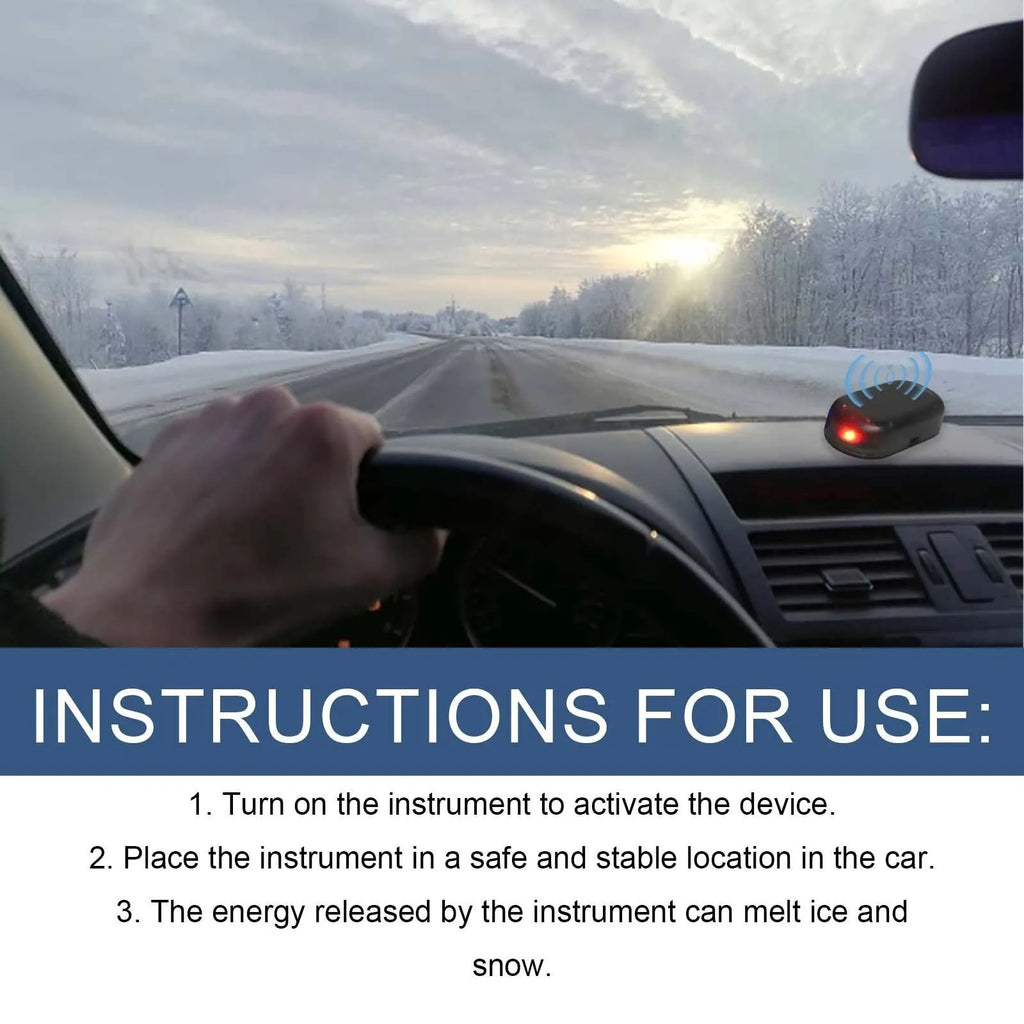 Black car snow deicer tool measuring 5cm by 2.6cm by 1.5cm on a car dashboard.