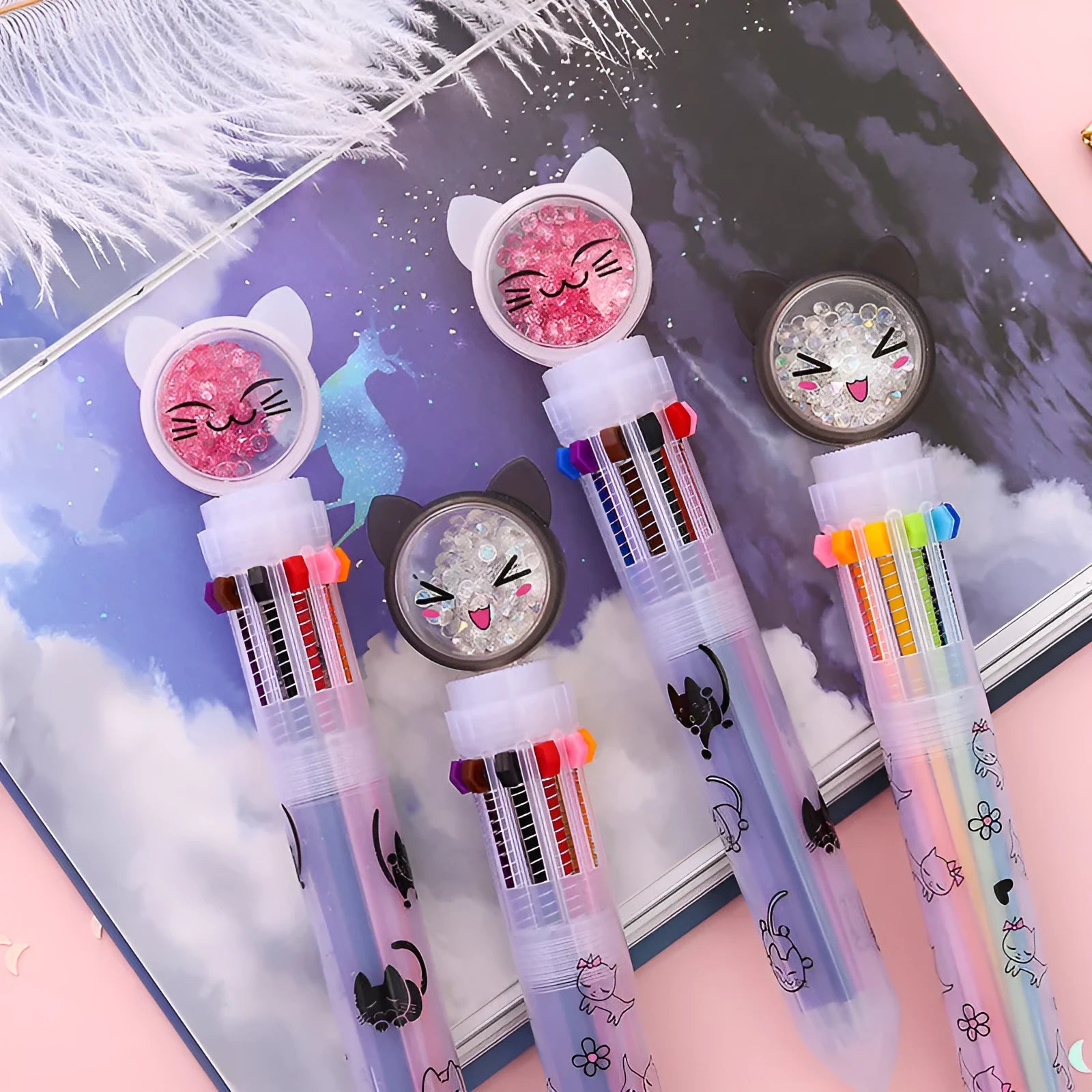 Push-type plastic pen with cute cat design, 15cm long, 0.5mm tip.