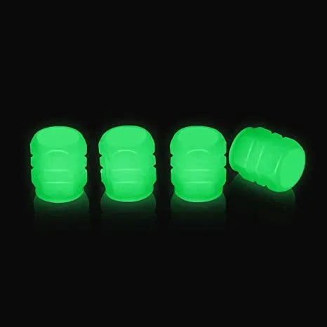 Glow-in-the-dark rubber tyre valve caps in multiple luminous colours for vehicle wheels