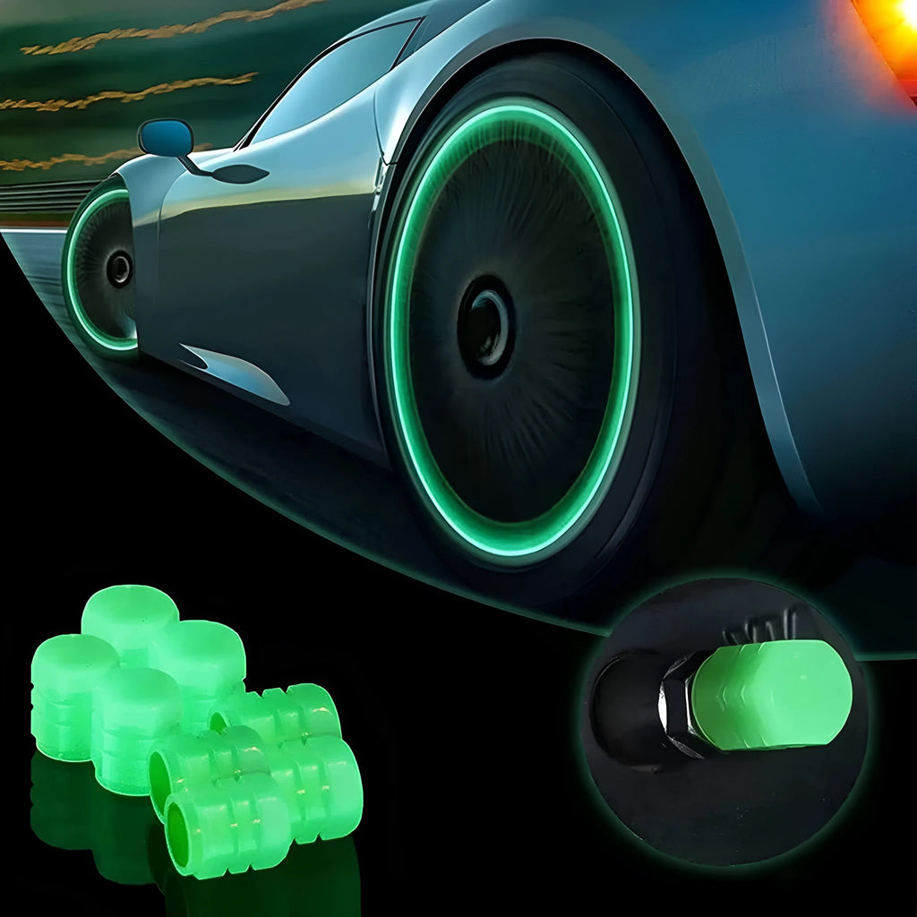 Glow-in-the-dark rubber tyre valve caps in multiple luminous colours for vehicle wheels