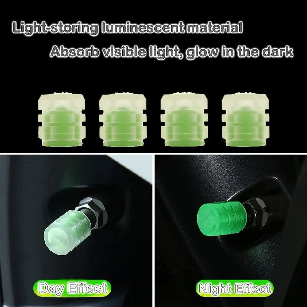 Glow-in-the-dark rubber tyre valve caps in multiple luminous colours for vehicle wheels
