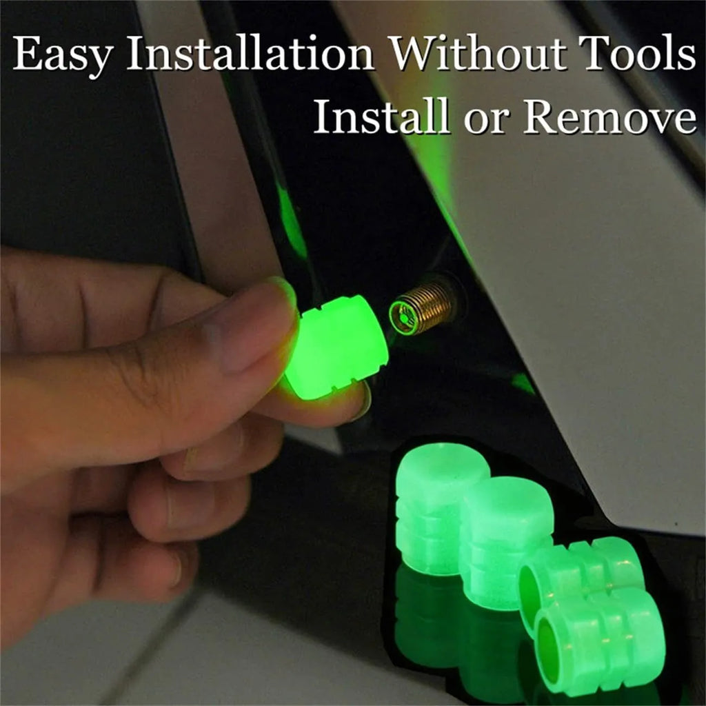 Glow-in-the-dark rubber tyre valve caps in multiple luminous colours for vehicle wheels