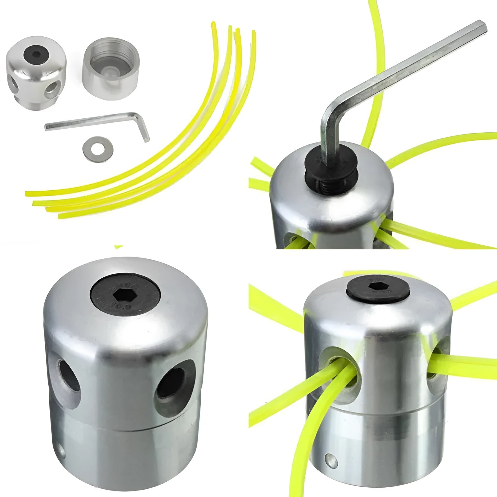 Silver aluminium Luzhu grass trimmer replacement head with four light yellow nylon ropes and a wrench.