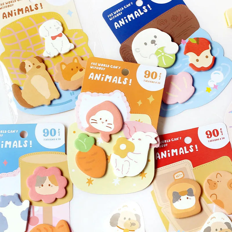 Small animal shaped sticky note set with colourful covers showing lunch, shopping, bunny, kitten, puppy and sea otter designs