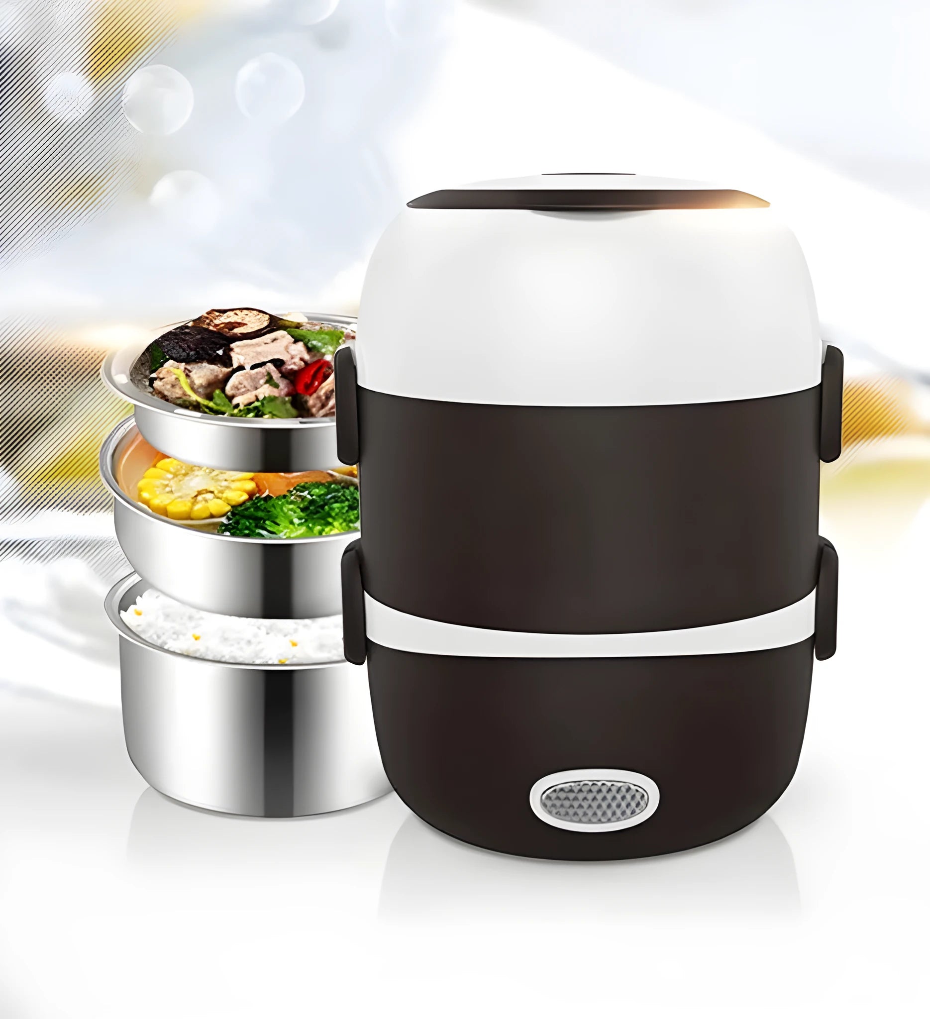 White electric lunch box with USB port showing 190mm dimensions and dual capacity options