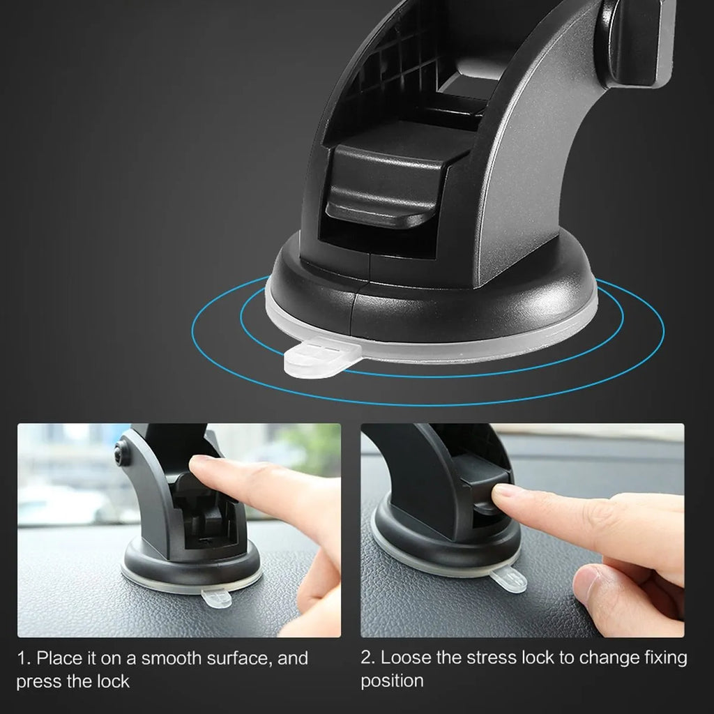Yellow and black telescopic car phone holder with suction cup mounted on dashboard showing 360-degree rotation