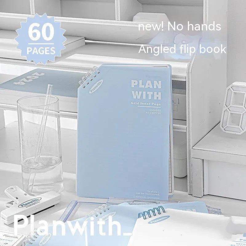 Oblique Angle Salt Series A5 and B5 notebook with white or plaid blue cover, open to show unlined pages.
