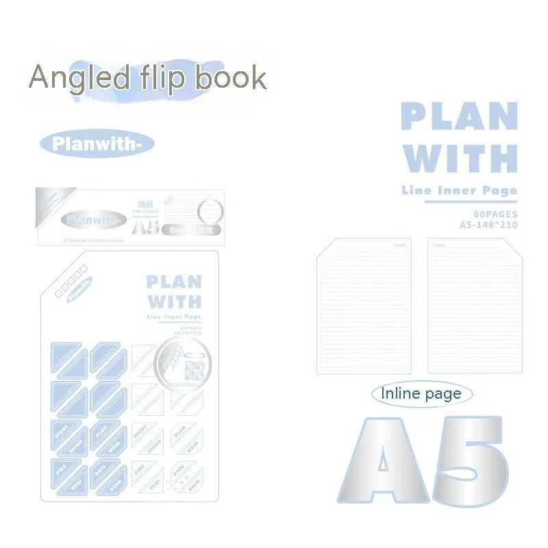 Oblique Angle Salt Series A5 and B5 notebook with white or plaid blue cover, open to show unlined pages.
