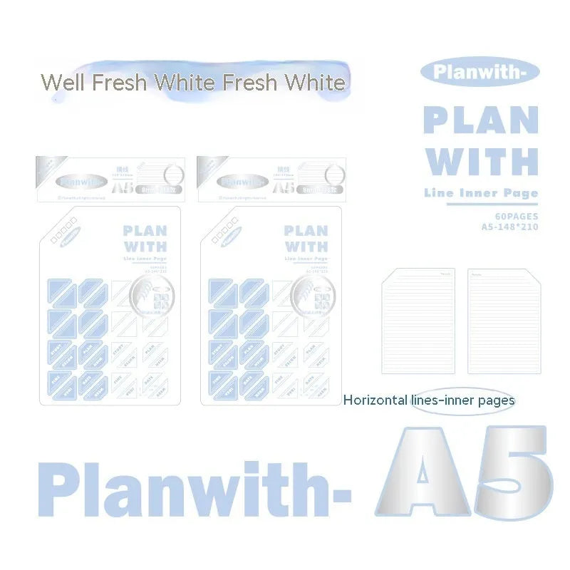 Oblique Angle Salt Series A5 and B5 notebook with white or plaid blue cover, open to show unlined pages.