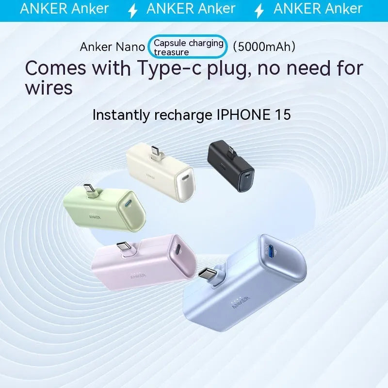 Small capsule power bank in five colours showing compact 77x36x25mm design with USB-C port