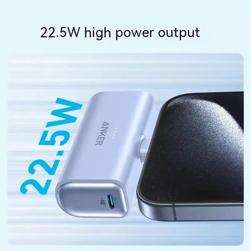 Small capsule power bank in five colours showing compact 77x36x25mm design with USB-C port