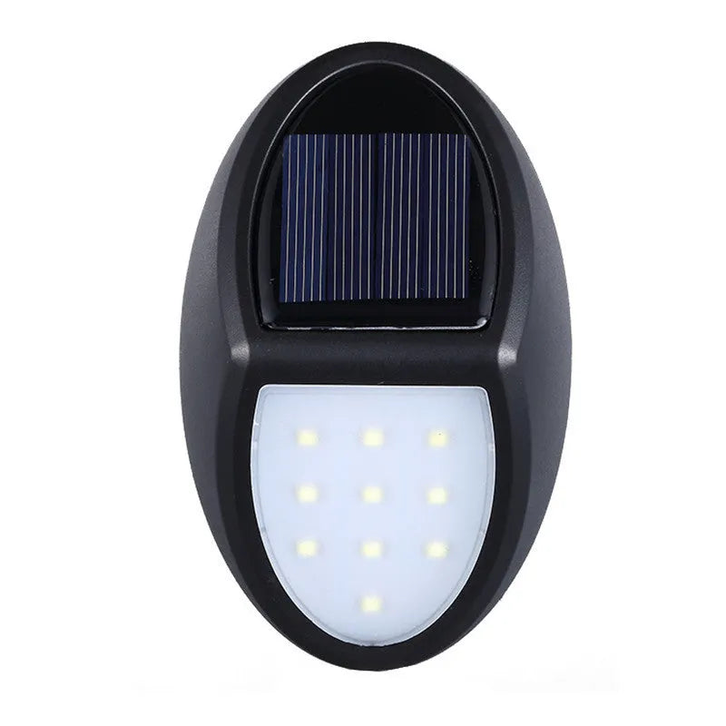 Black LED solar wall light with automatic light sensor measuring 75mm by 120mm