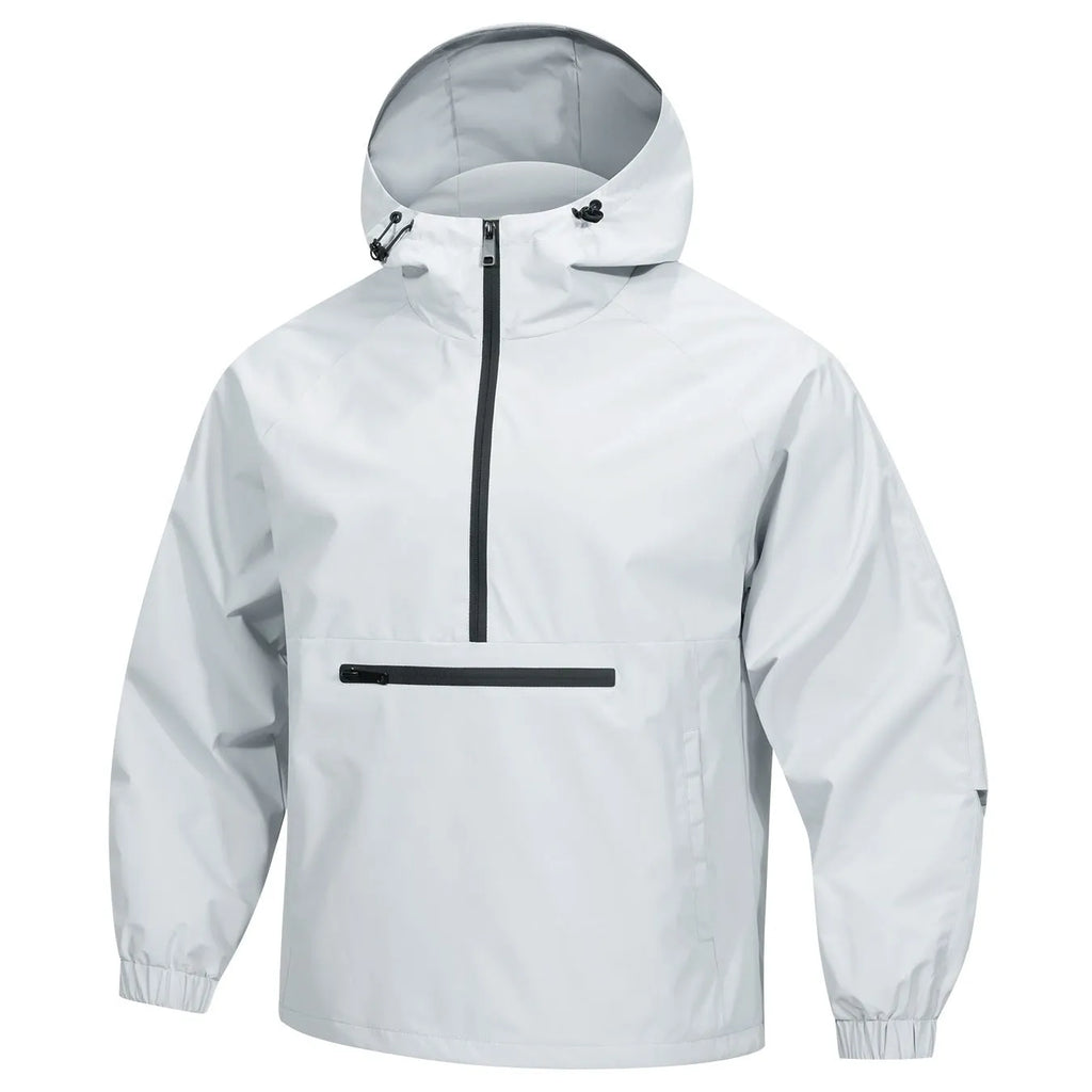Man wearing a light grey loose half-zip hooded corduroy jacket with rabbit fur, Korean style.