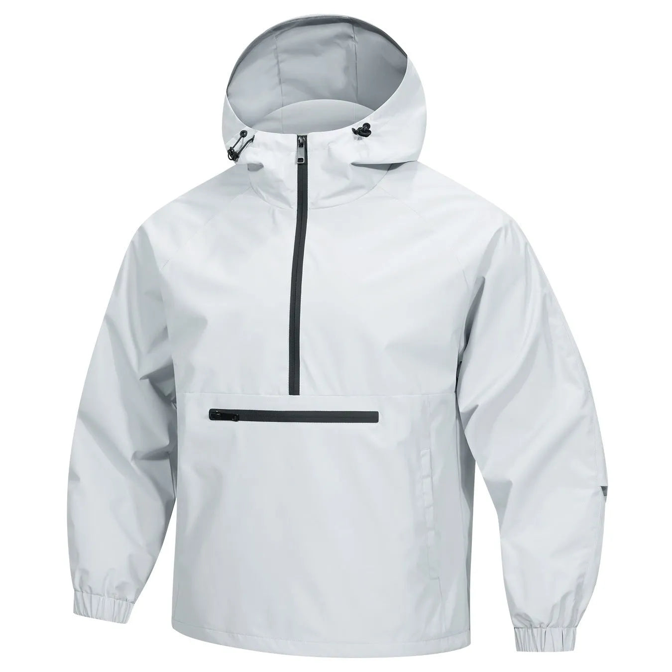 Man wearing a light grey loose half-zip hooded corduroy jacket with rabbit fur, Korean style.