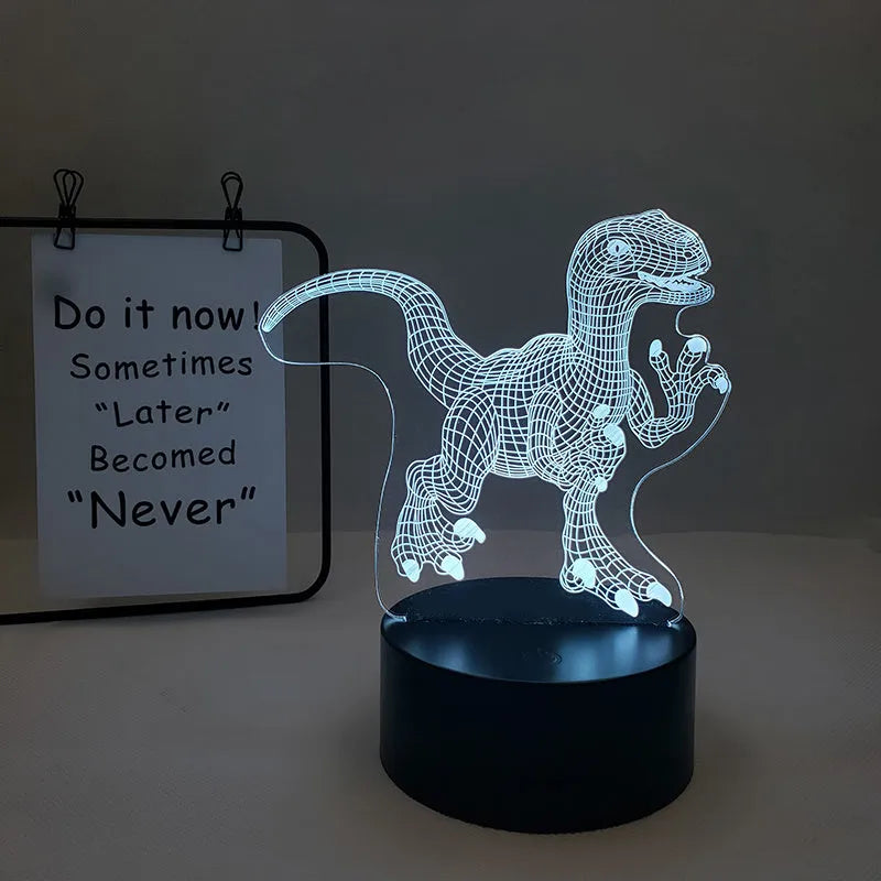 Colourful cartoon dinosaur LED desk lamp with remote control and acrylic lampshade on a black base