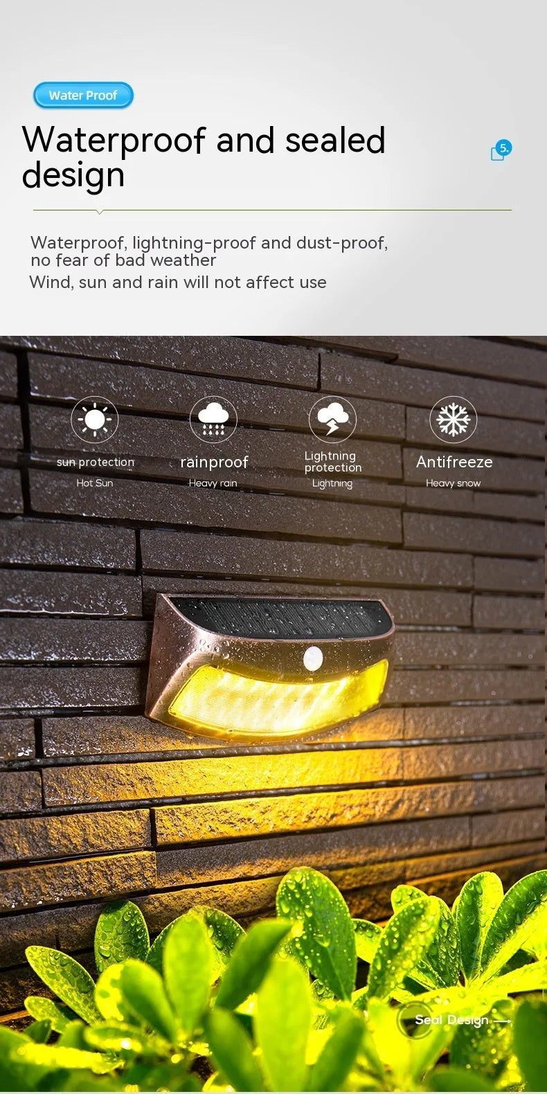 Solar outdoor wall light with smiling face design and IP65 waterproof rating