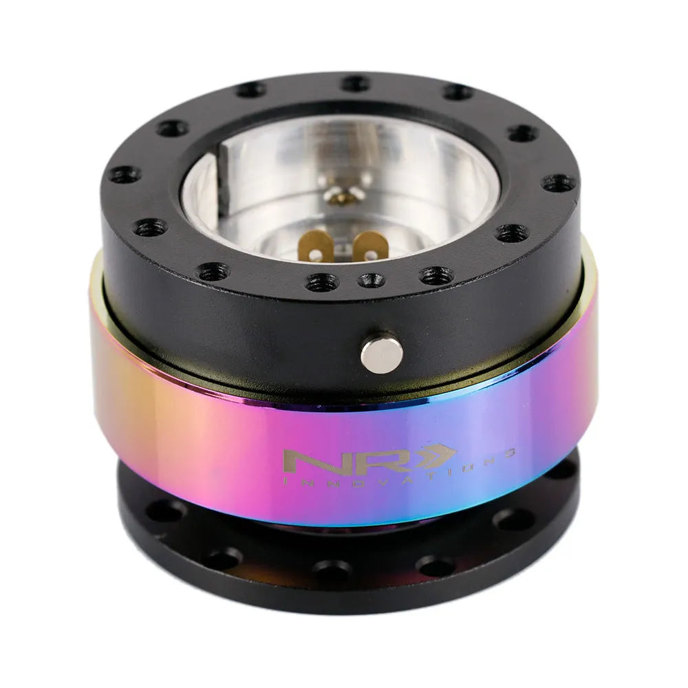 Colourful car steering wheel quick release device with lock and base plate.
