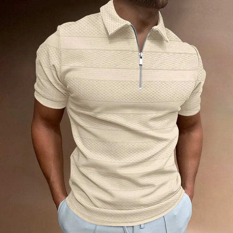 Men's solid colour short-sleeve jacquard lapel top with zipper decorations, available in five colours