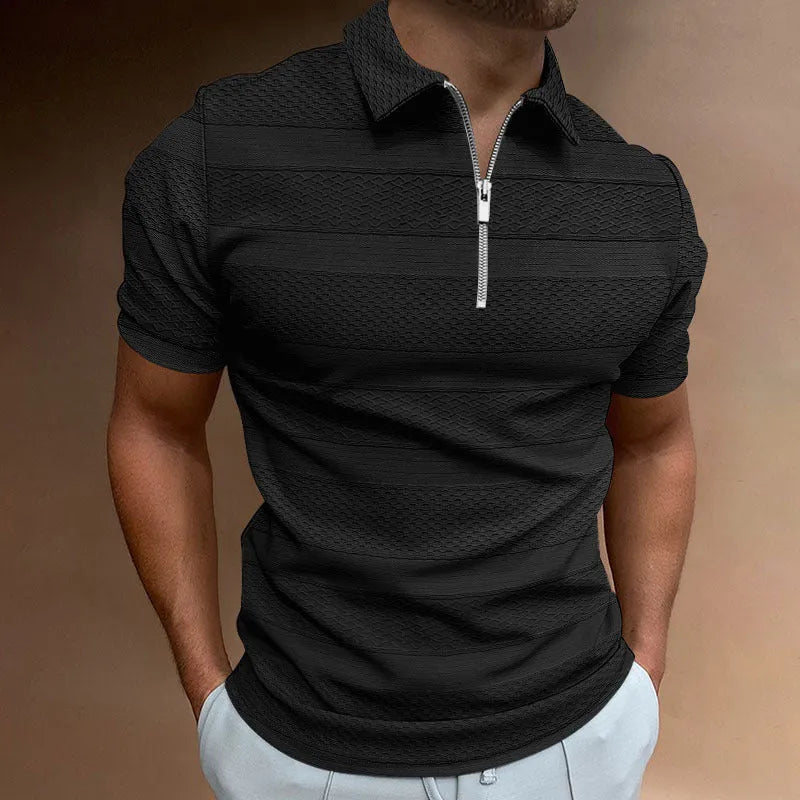 Men's solid colour short-sleeve jacquard lapel top with zipper decorations, available in five colours