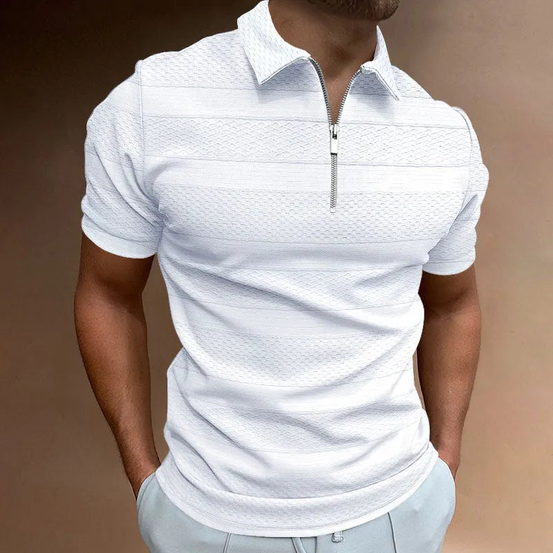 Men's solid colour short-sleeve jacquard lapel top with zipper decorations, available in five colours