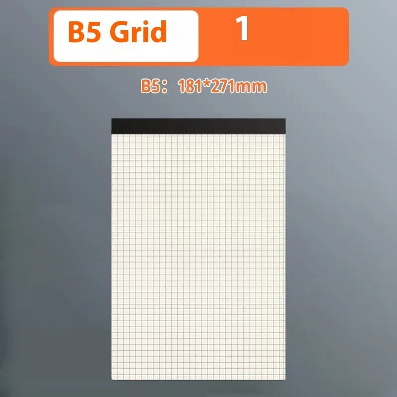 A5 and B5 thick tearable writing pads in blank, grid, and lined ruling styles with 80 sheets.