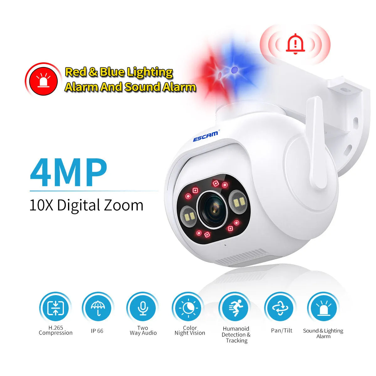 White smart colour night vision security camera with 4mm lens on wall mount bracket