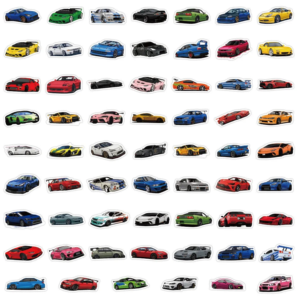60 graffiti sports car vinyl stickers in sizes 5cm to 7cm on a sheet.