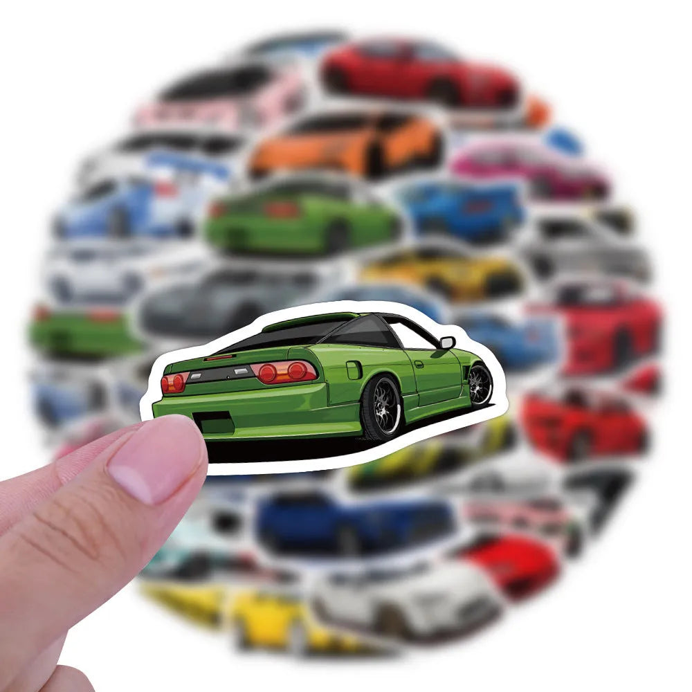 60 graffiti sports car vinyl stickers in sizes 5cm to 7cm on a sheet.