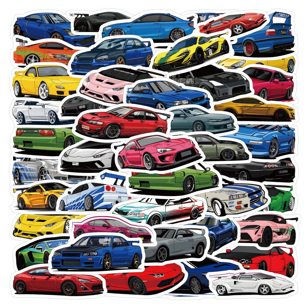 60 graffiti sports car vinyl stickers in sizes 5cm to 7cm on a sheet.