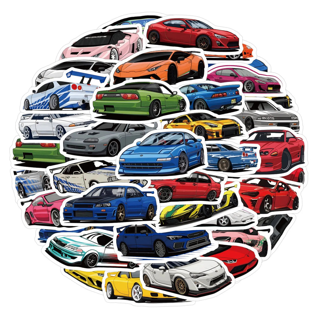60 graffiti sports car vinyl stickers in sizes 5cm to 7cm on a sheet.