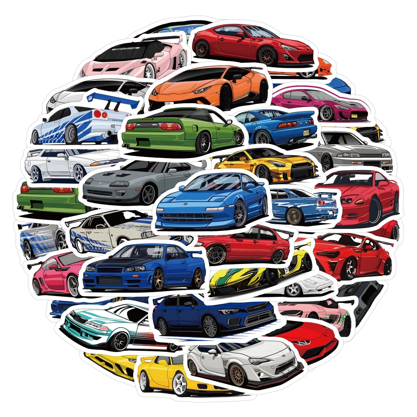 60 graffiti sports car vinyl stickers in sizes 5cm to 7cm on a sheet.
