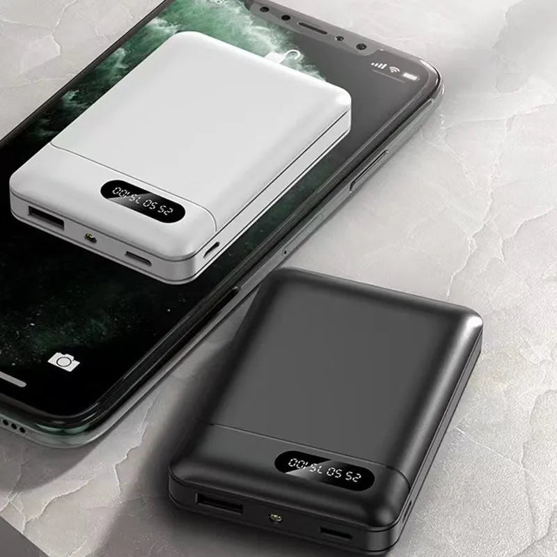 White or black portable power bank with multiple USB ports, showing compact 92mm x 63mm size.