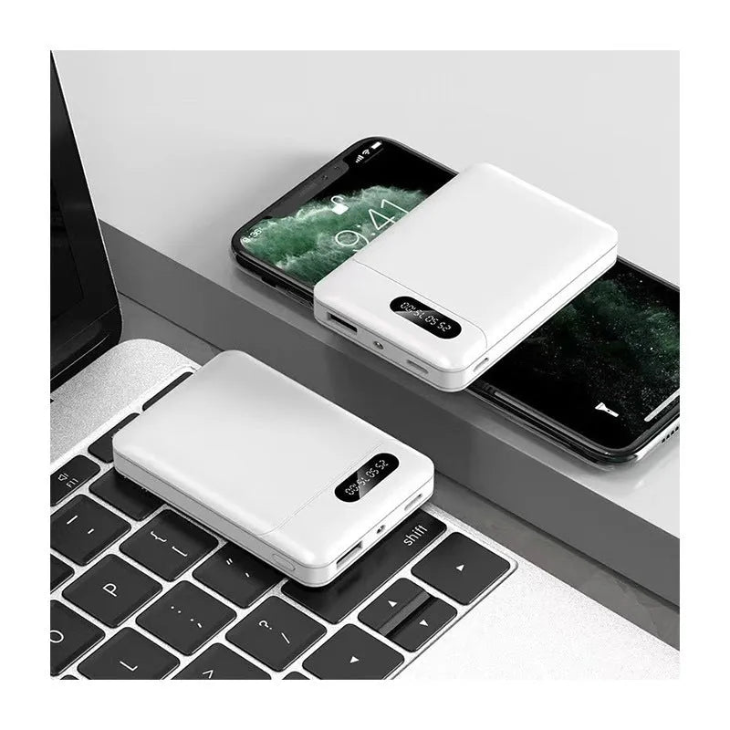 White or black portable power bank with multiple USB ports, showing compact 92mm x 63mm size.