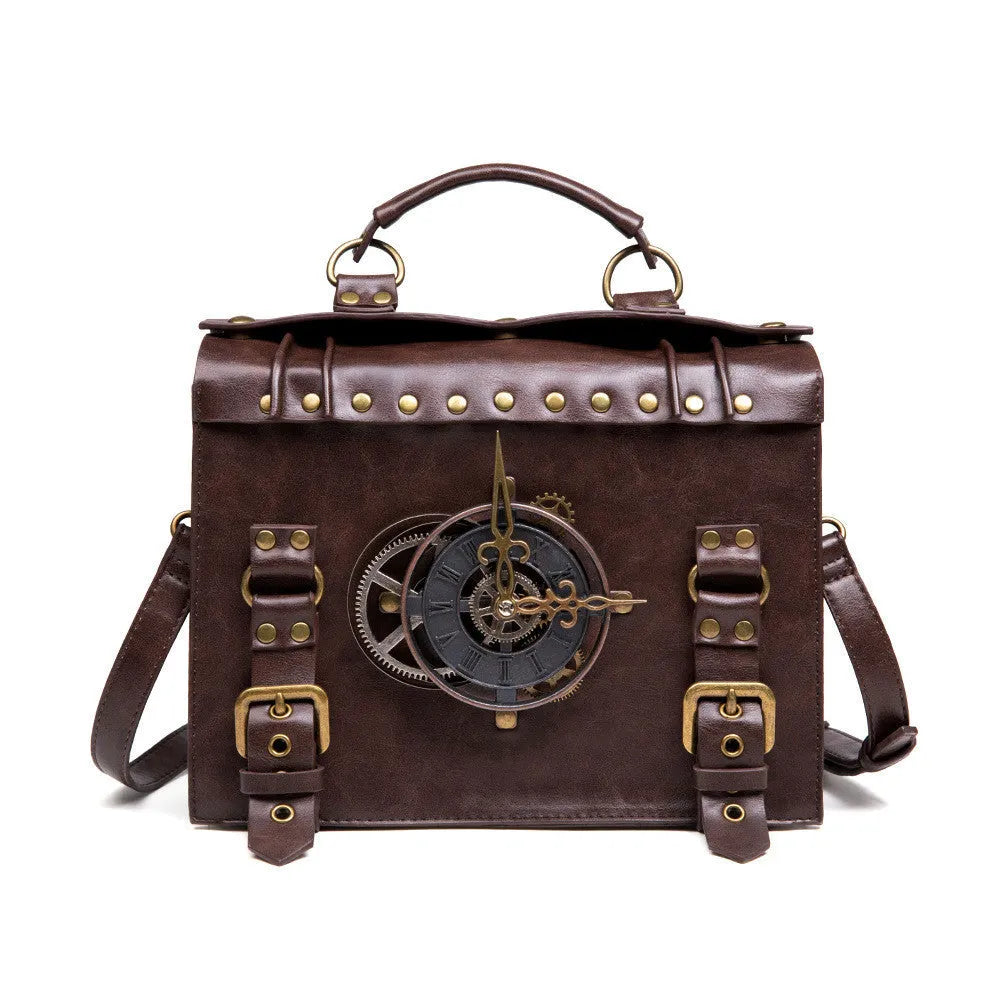Bronze steampunk industrial retro style shoulder bag with metal hardware and square pillow design