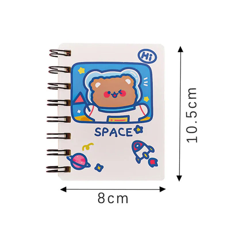 Astronaut-themed portable pocket flipper notebook showing 10.5x8cm size and cover design options