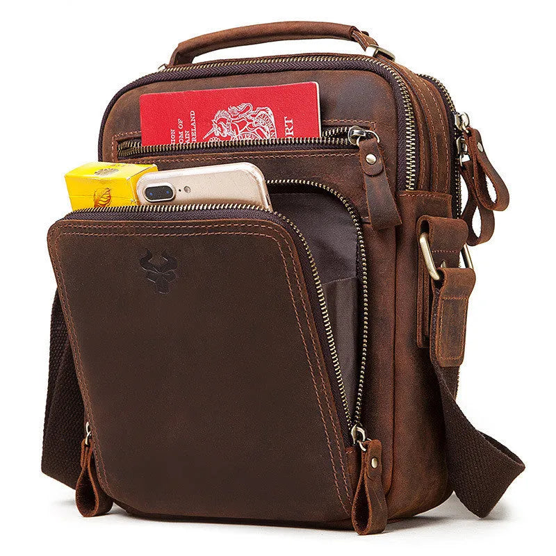 Men's brown crazy horse leather crossbody bag with sewing line details and single shoulder strap
