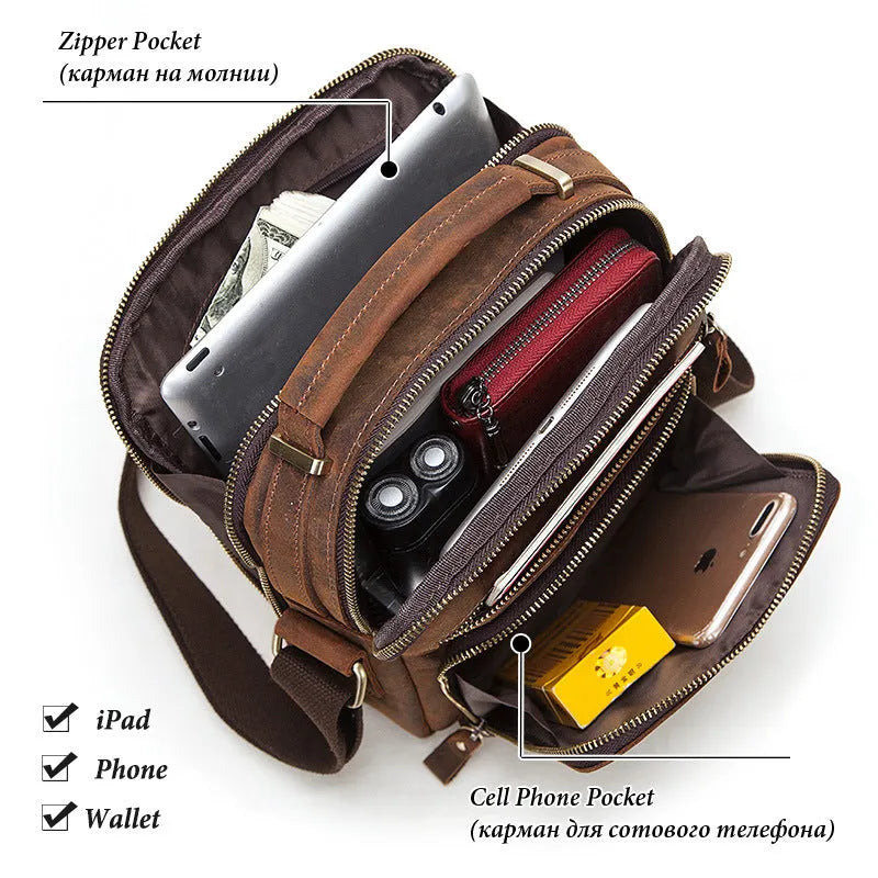 Men's brown crazy horse leather crossbody bag with sewing line details and single shoulder strap
