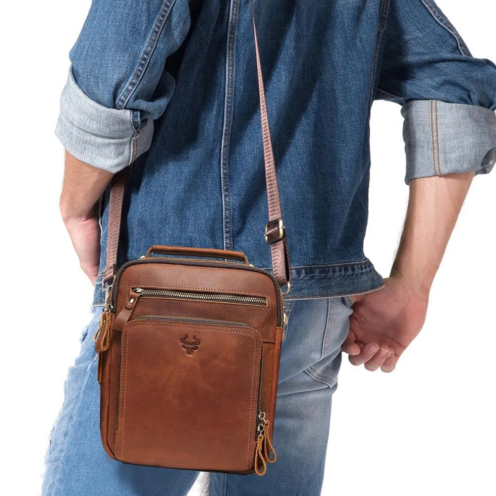 Men's brown crazy horse leather crossbody bag with sewing line details and single shoulder strap