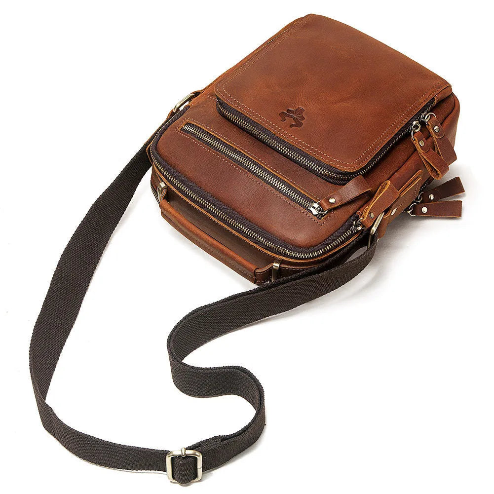 Men's brown crazy horse leather crossbody bag with sewing line details and single shoulder strap