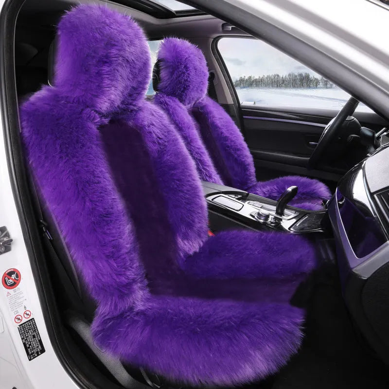 Purple plush fleece car seat cushion set for driver and co-pilot winter warmth
