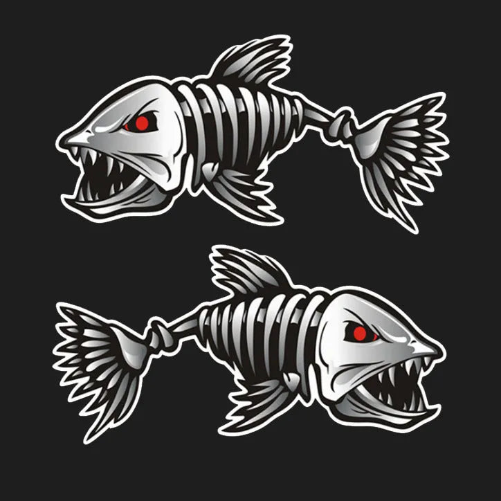 Reflective horror skeleton shark bumper sticker for fishing equipment in three size options