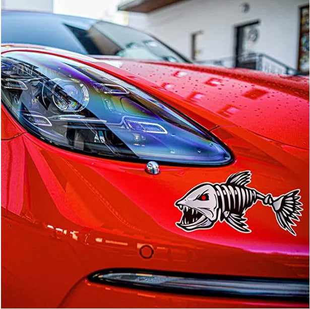 Reflective horror skeleton shark bumper sticker for fishing equipment in three size options