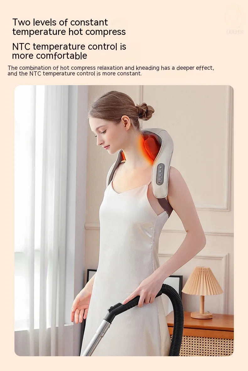 Creamy white shoulder and neck massage instrument with rechargeable battery and infrared function