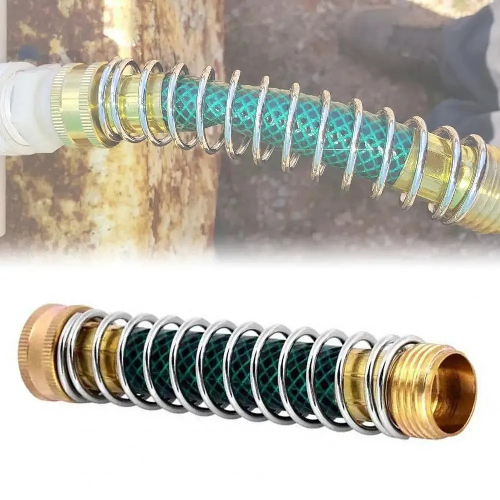 Brass spring hose connector for garden irrigation with spiral mechanism to prevent pipe wrinkles