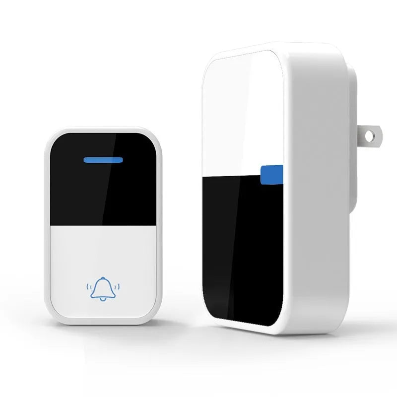 White plastic wireless doorbell with receiver and transmitter showing EU and US plug options