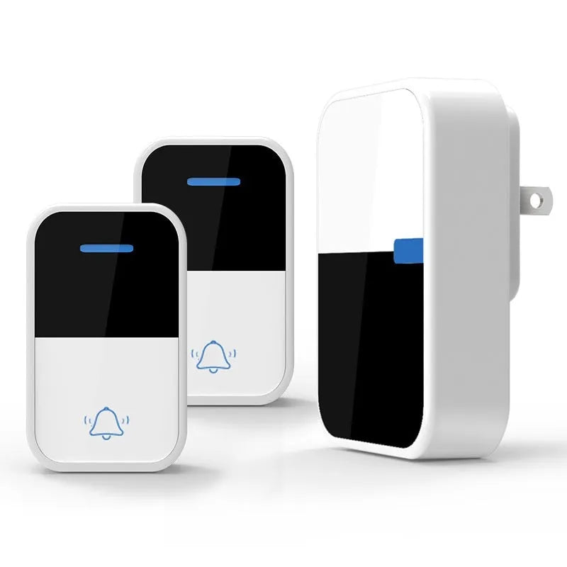 White plastic wireless doorbell with receiver and transmitter showing EU and US plug options