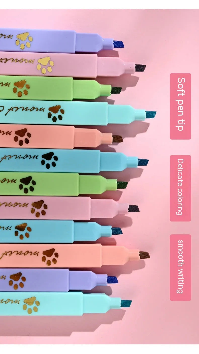Cat's Paw fluorescent marking pen set showing six pens with oblique heads in a plastic box.