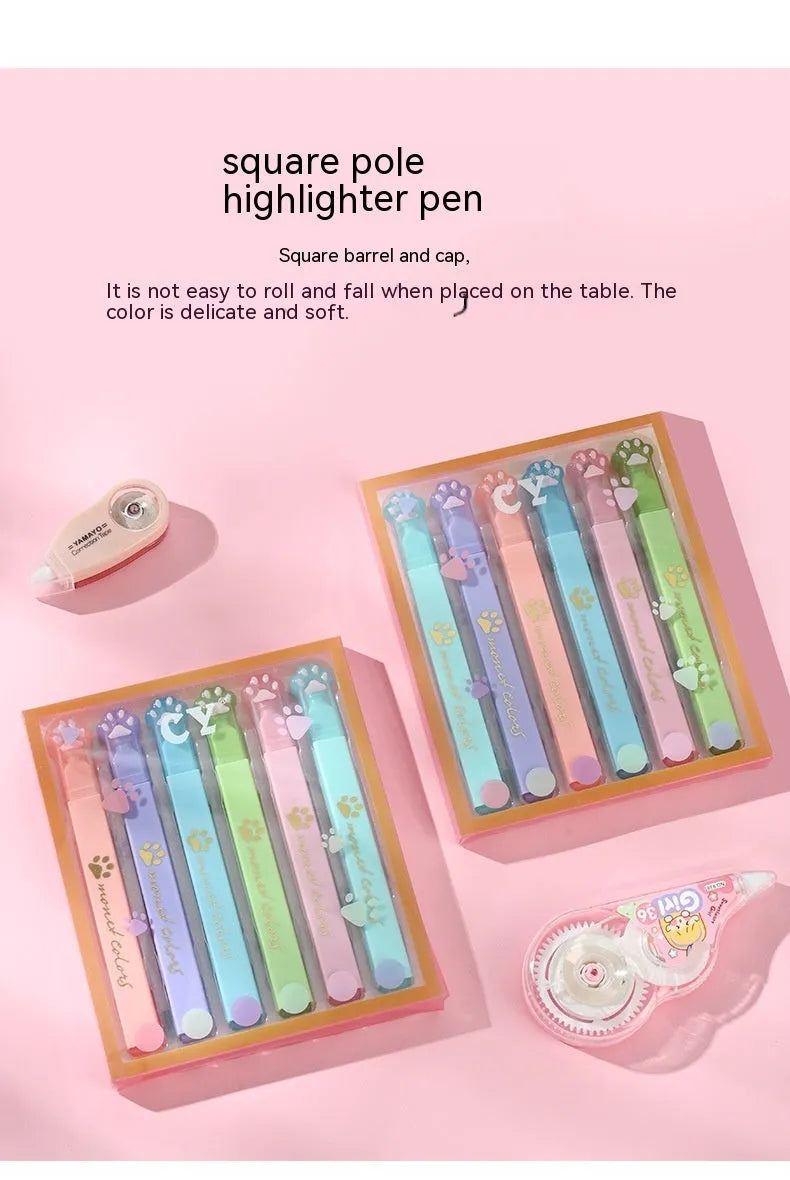 Cat's Paw fluorescent marking pen set showing six pens with oblique heads in a plastic box.