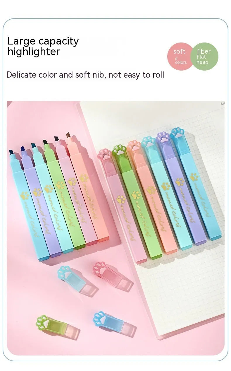 Cat's Paw fluorescent marking pen set showing six pens with oblique heads in a plastic box.